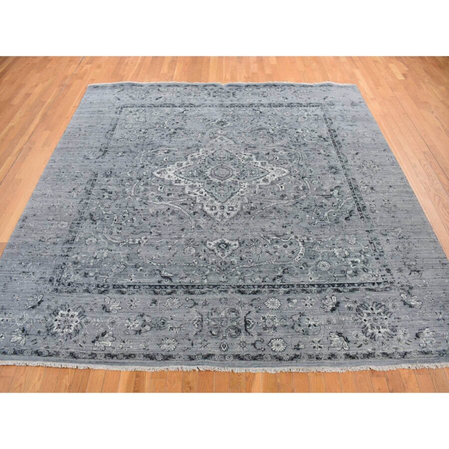 10'x10' Nickel Gray, Broken and Erased Persian Design, Pure Silk with Textured Wool, Hand Knotted, Square, Oriental Rug Sh78015 - Image 2