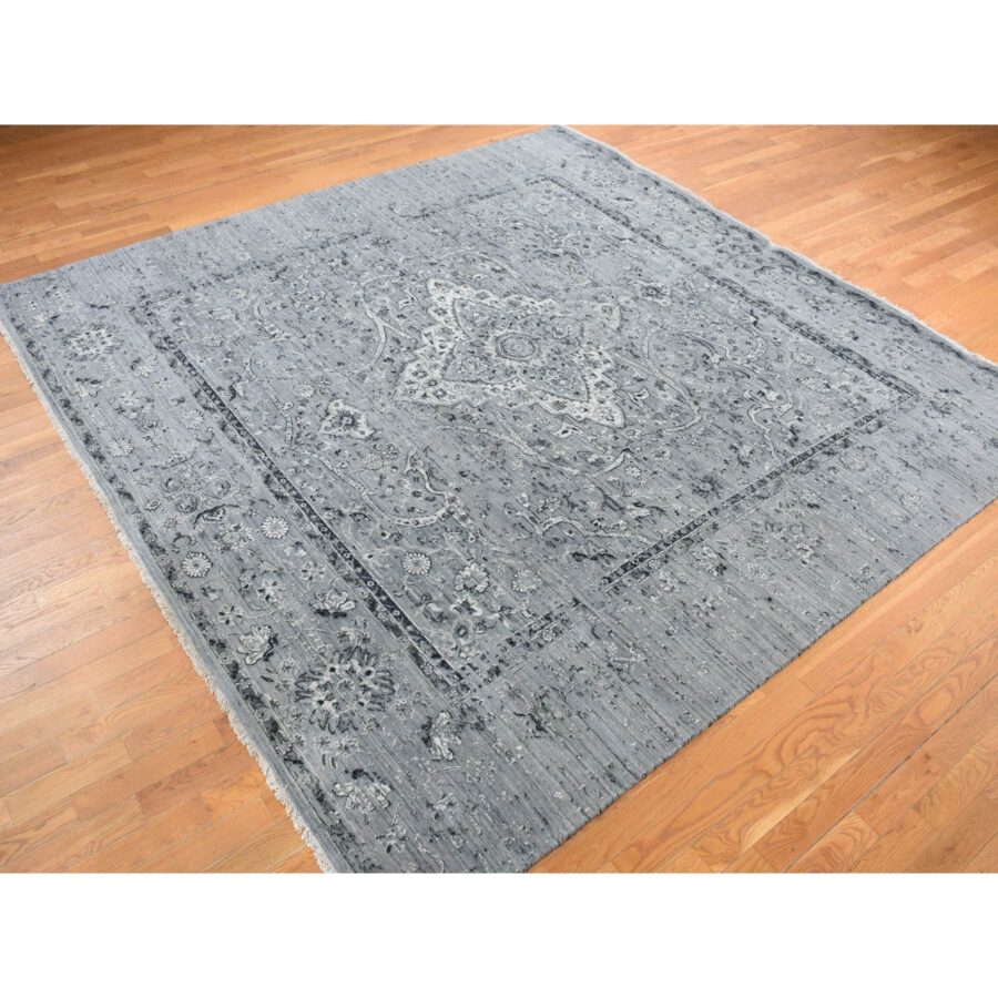 10'x10' Nickel Gray, Broken and Erased Persian Design, Pure Silk with Textured Wool, Hand Knotted, Square, Oriental Rug Sh78015 - Image 3