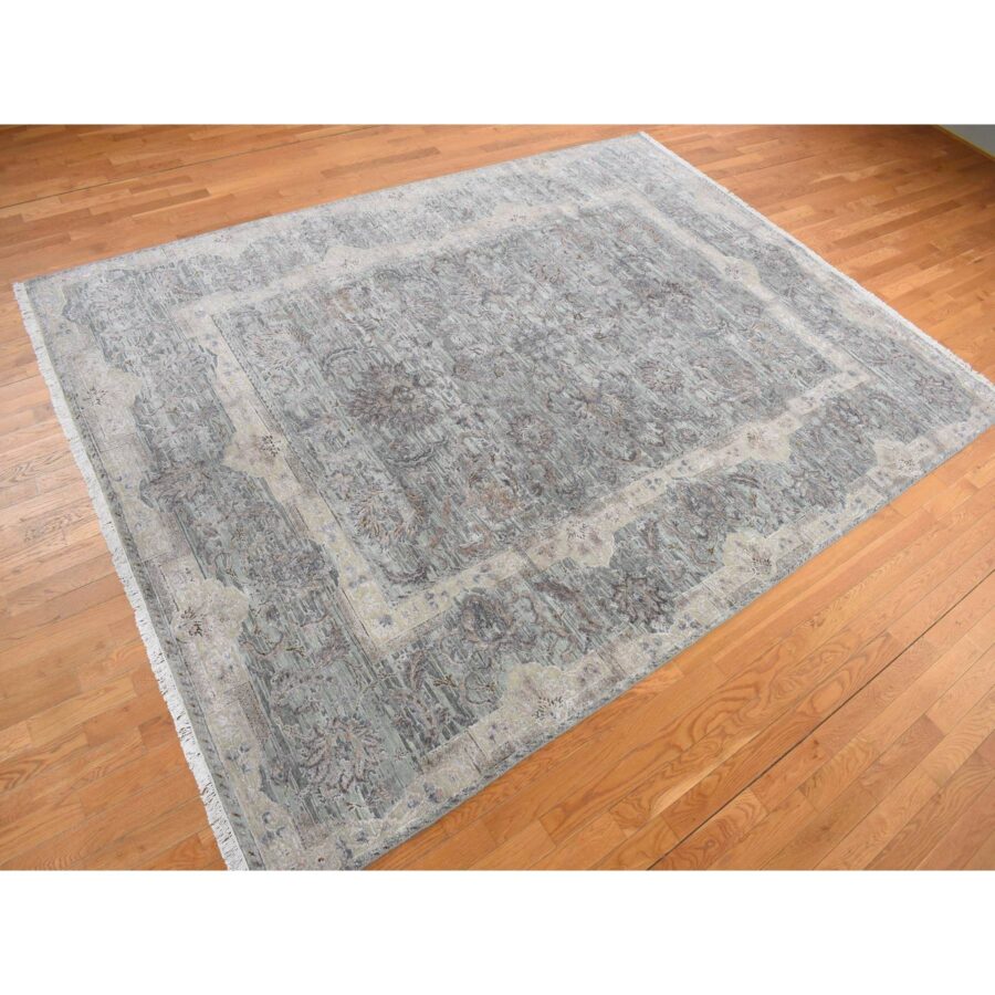 8'10"x11'10" Laurel Green, Pure Silk with Textured Wool, Mughal Design, Hand Knotted, Oriental Rug Sh78111 - Image 3