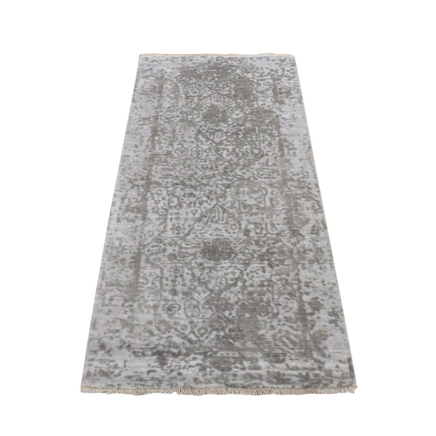 2'7"x6' Moorland Gray, Hand Knotted, Soft to Touch, Broken Wool and Silk, Persian Design, Denser Weave, Short Runner, Oriental Rug Sh78117