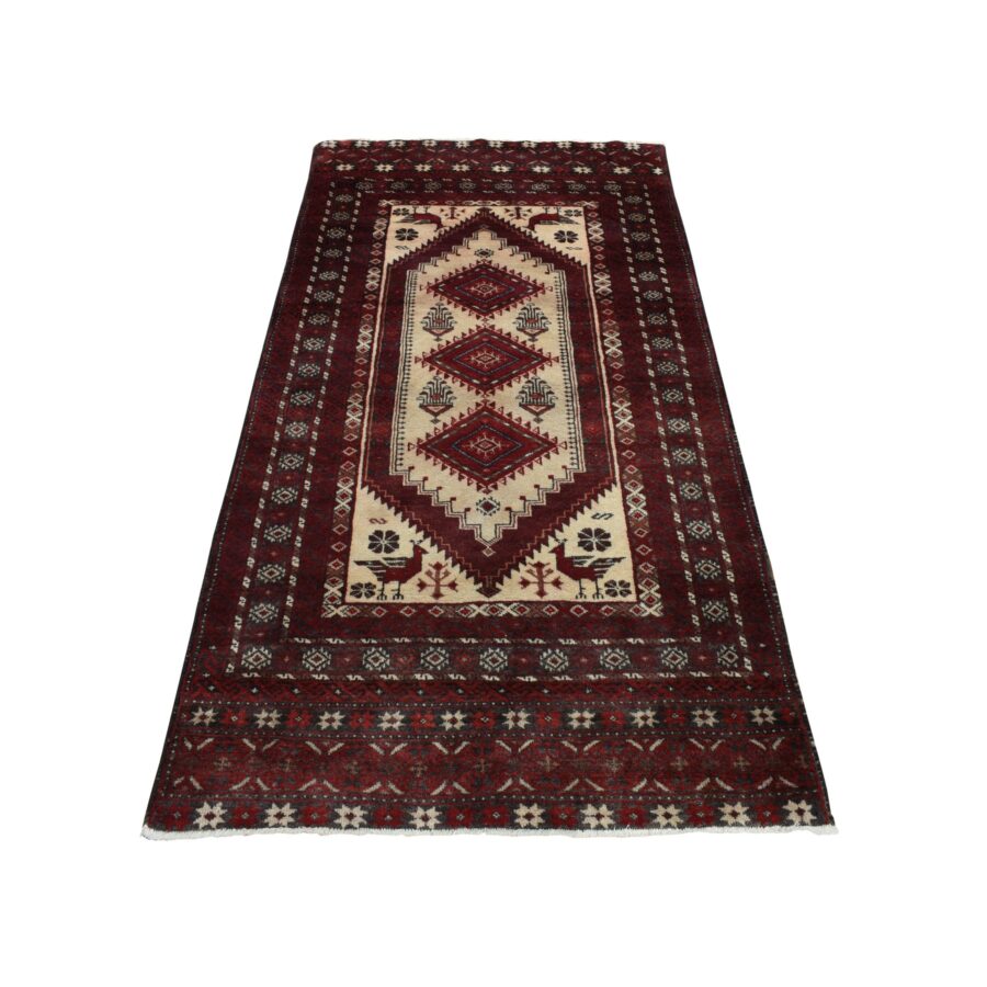 3'7"x7'1" Barn Red, Old Persian Baluch, Geometric and Well Made Featuring a Bird Design, 100% Wool, Hand Knotted, Full Pile and Clean, Oriental Rug Sh78118