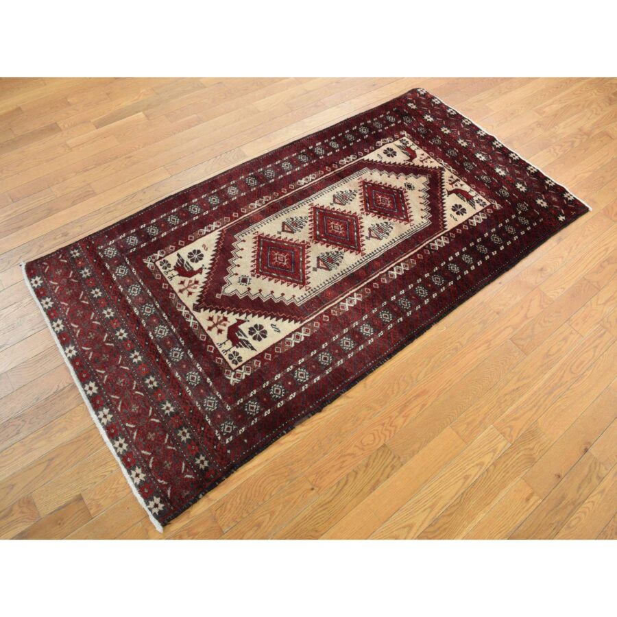 3'7"x7'1" Barn Red, Old Persian Baluch, Geometric and Well Made Featuring a Bird Design, 100% Wool, Hand Knotted, Full Pile and Clean, Oriental Rug Sh78118 - Image 2