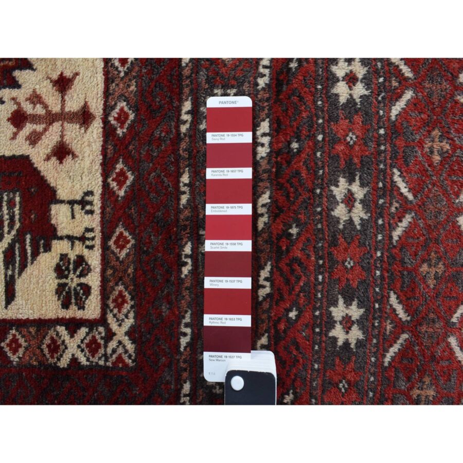 3'7"x7'1" Barn Red, Old Persian Baluch, Geometric and Well Made Featuring a Bird Design, 100% Wool, Hand Knotted, Full Pile and Clean, Oriental Rug Sh78118 - Image 4