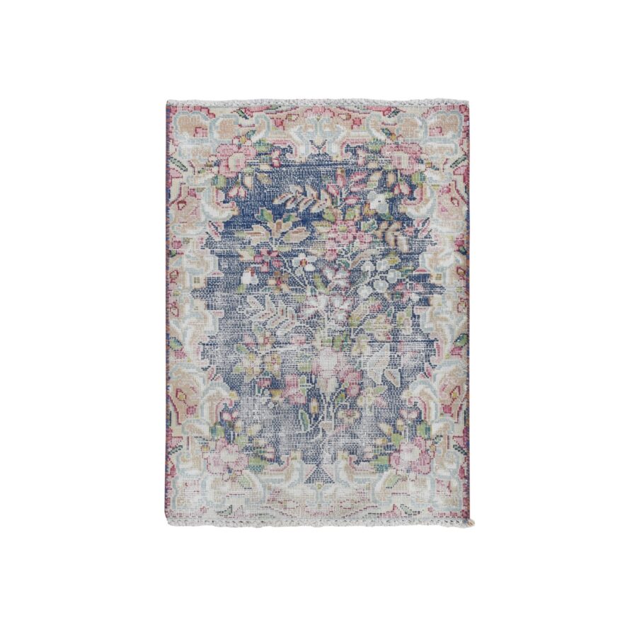 1'7"x2'2" Berry Blue, Vintage Persian Kerman with All Over Leaf Design, Worn Down, Distressed, Hand Knotted, Pure Wool, Mat, Oriental Rug Sh78120