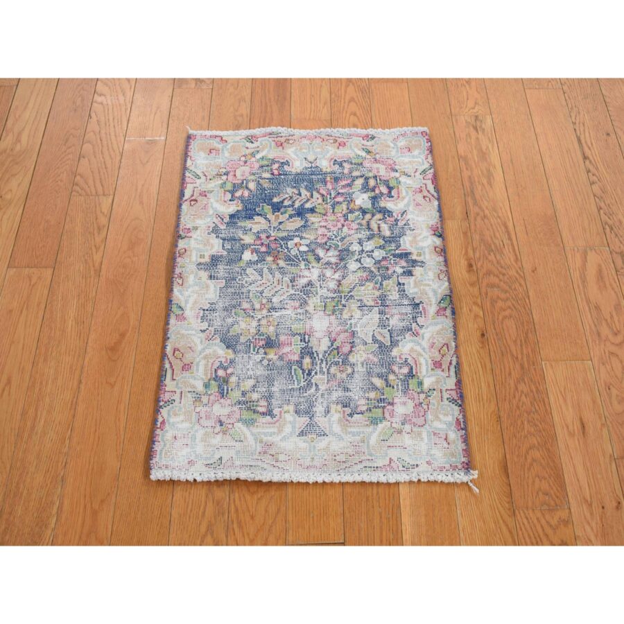 1'7"x2'2" Berry Blue, Vintage Persian Kerman with All Over Leaf Design, Worn Down, Distressed, Hand Knotted, Pure Wool, Mat, Oriental Rug Sh78120 - Image 2