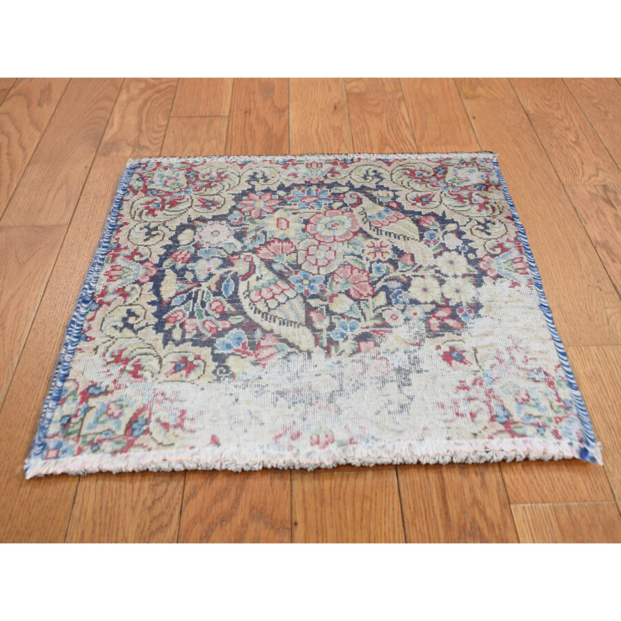 1'6"x1'6" Midnight Blue, Vintage Persian Kerman with All Over Leaf Design and Bird Figurines, Abrash, Worn and Distressed, Hand Knotted, Pure Wool, Square, Oriental Rug Sh78121 - Image 2