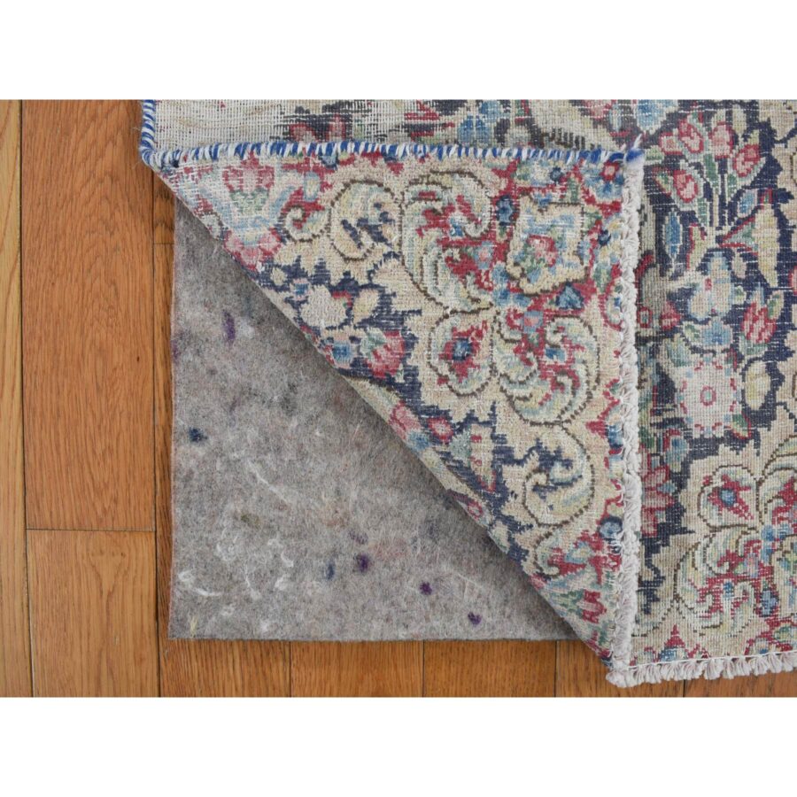 1'6"x1'6" Midnight Blue, Vintage Persian Kerman with All Over Leaf Design and Bird Figurines, Abrash, Worn and Distressed, Hand Knotted, Pure Wool, Square, Oriental Rug Sh78121 - Image 3