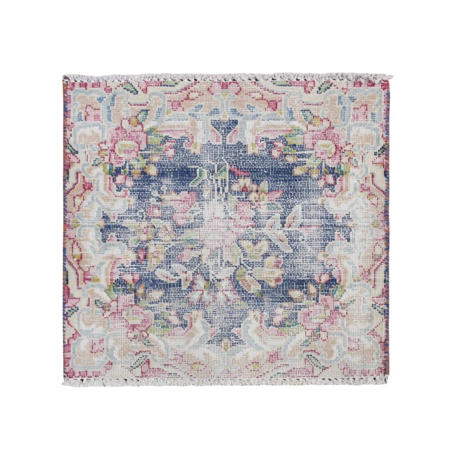 1'7"x1'7" Berry Blue, Vintage Persian Kerman with All Over Floral Pattern, Distressed, Abrash, Worn Down, Pure Wool, Hand Knotted, Square, Oriental Rug Sh78122