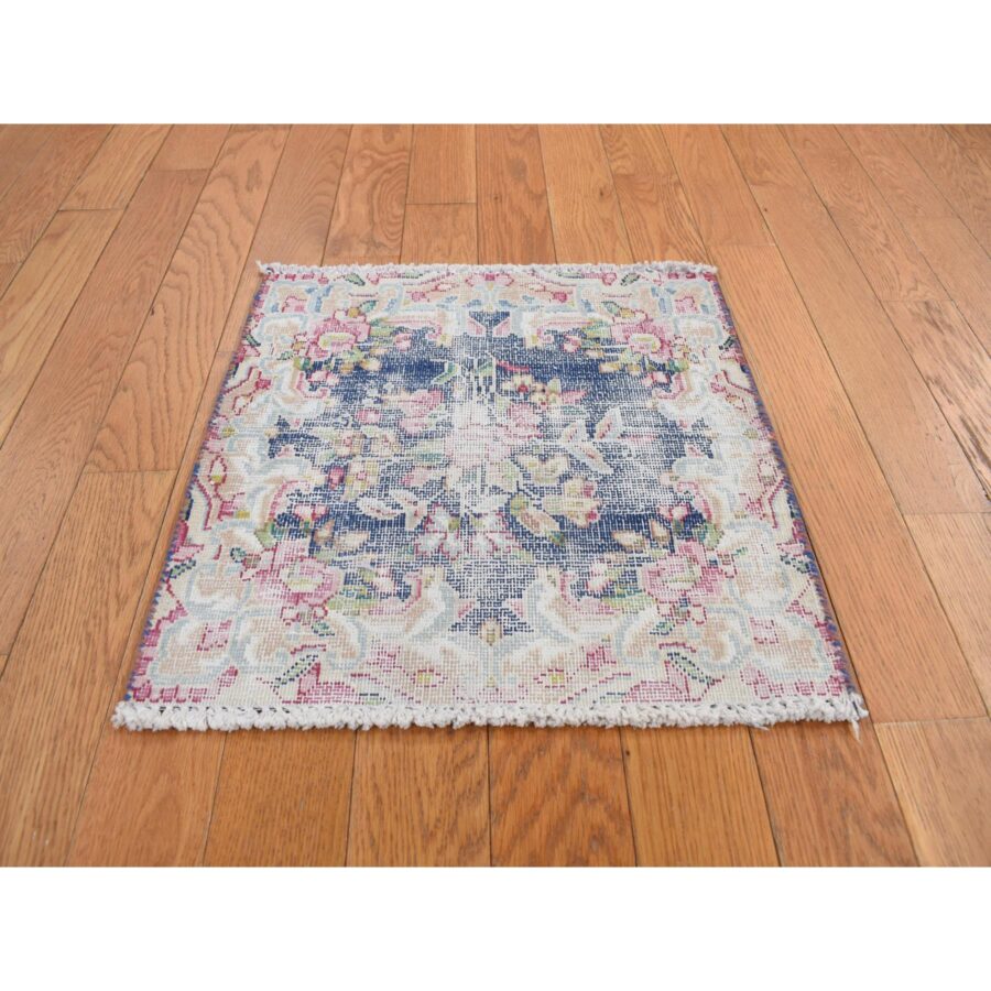 1'7"x1'7" Berry Blue, Vintage Persian Kerman with All Over Floral Pattern, Distressed, Abrash, Worn Down, Pure Wool, Hand Knotted, Square, Oriental Rug Sh78122 - Image 2