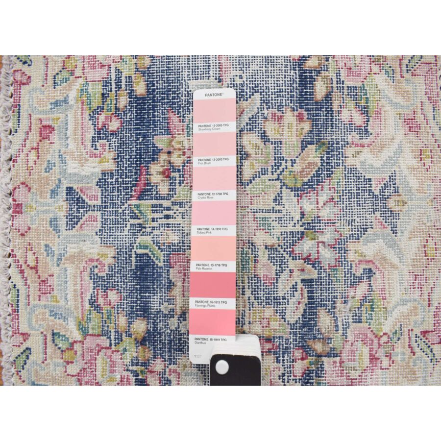 1'7"x1'7" Berry Blue, Vintage Persian Kerman with All Over Floral Pattern, Distressed, Abrash, Worn Down, Pure Wool, Hand Knotted, Square, Oriental Rug Sh78122 - Image 4