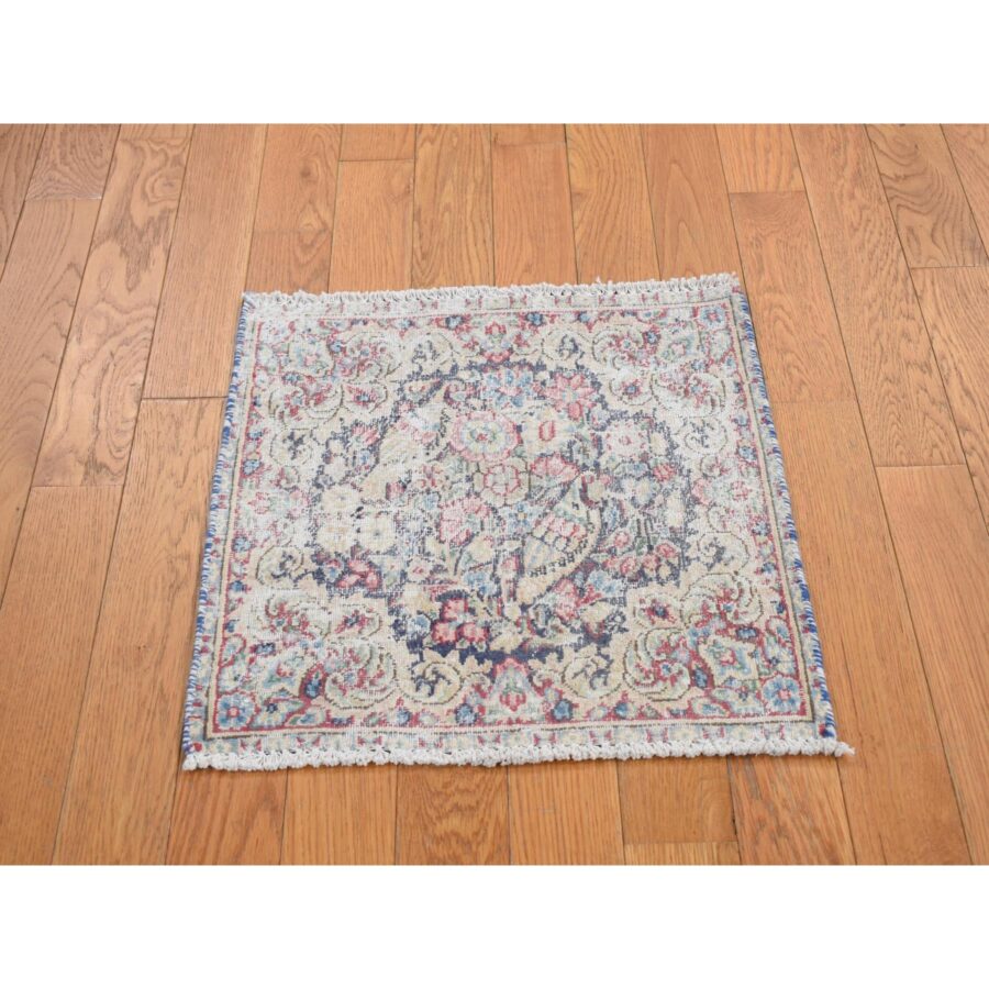 1'7"x1'7" Indigo Blue, Hand Knotted, Vintage and Worn Persian Kerman with Leaf and Bird Design, Cropped Thin, Distressed, Pure Wool, Square, Oriental Rug Sh78123 - Image 2