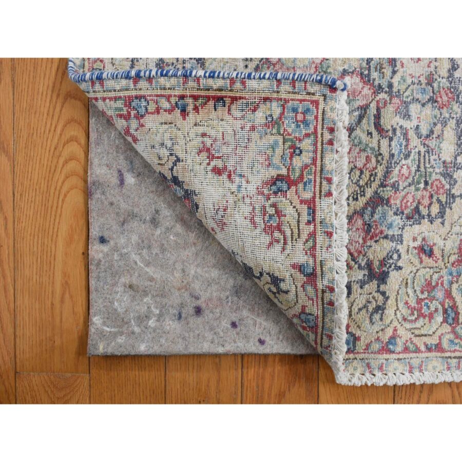 1'7"x1'7" Indigo Blue, Hand Knotted, Vintage and Worn Persian Kerman with Leaf and Bird Design, Cropped Thin, Distressed, Pure Wool, Square, Oriental Rug Sh78123 - Image 3