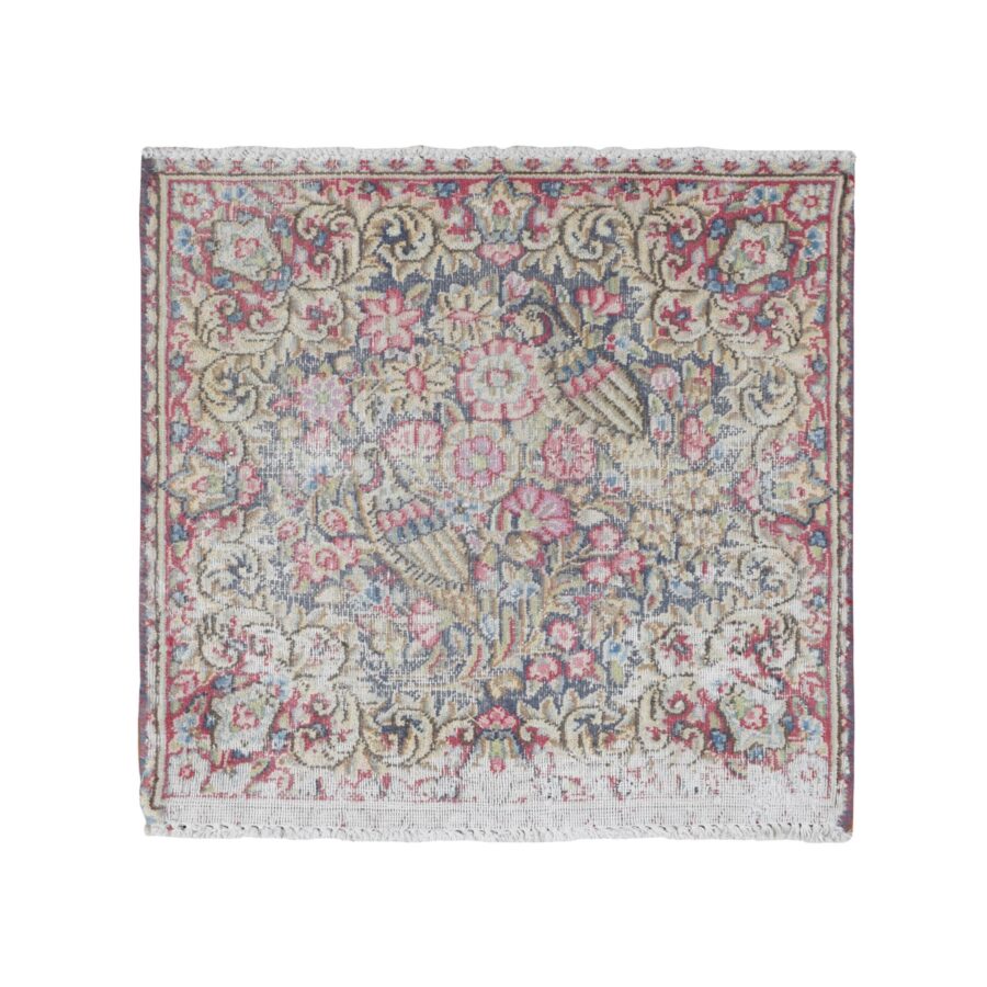 1'9"x1'9" Indigo Blue, Vintage Persian Kerman with Flowers and Birds Design, Worn Down, Distressed, Pure Wool, Hand Knotted, Square, Oriental Rug Sh78124