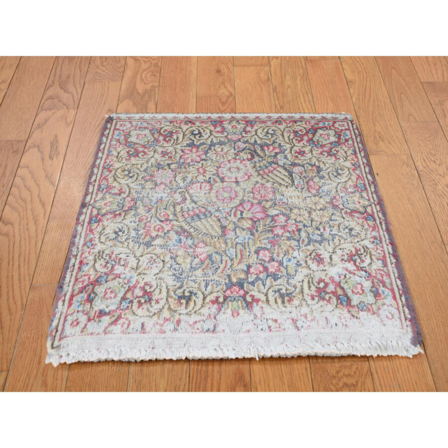 1'9"x1'9" Indigo Blue, Vintage Persian Kerman with Flowers and Birds Design, Worn Down, Distressed, Pure Wool, Hand Knotted, Square, Oriental Rug Sh78124 - Image 2
