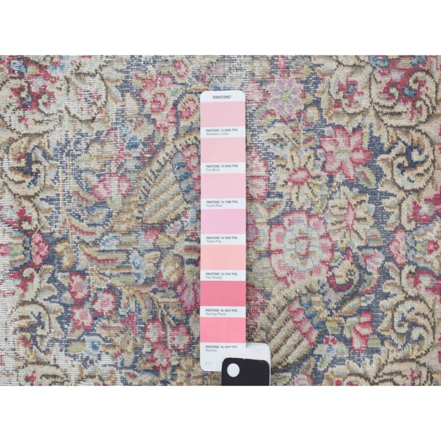 1'9"x1'9" Indigo Blue, Vintage Persian Kerman with Flowers and Birds Design, Worn Down, Distressed, Pure Wool, Hand Knotted, Square, Oriental Rug Sh78124 - Image 4