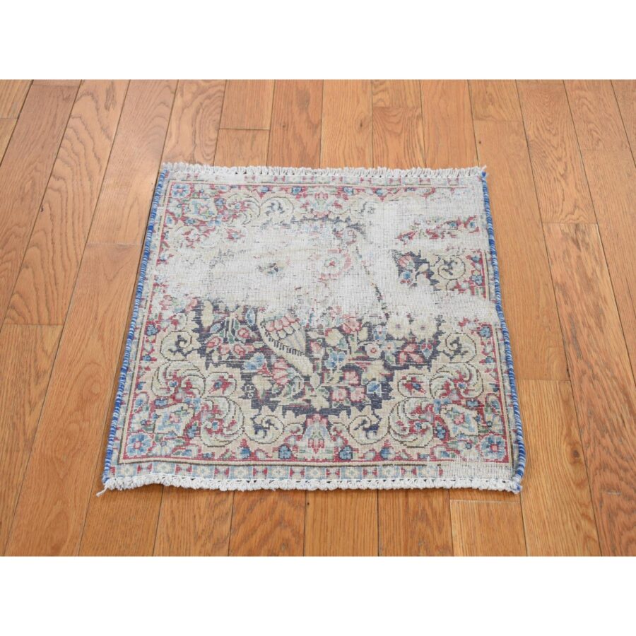 1'8"x1'8" Midnight Blue, Vintage and Worn Persian Kerman with Faded Bird Figurines, Floral Pattern, Distressed, Abrash, Hand Knotted, Pure Wool, Oriental, Square Rug Sh78125 - Image 2