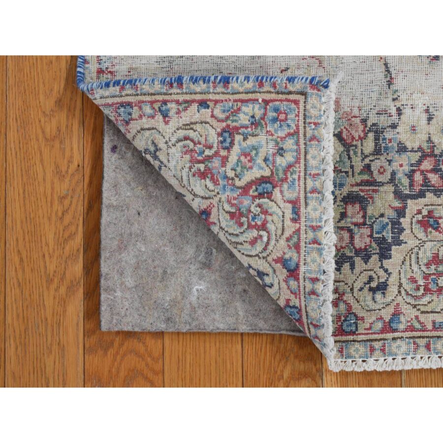 1'8"x1'8" Midnight Blue, Vintage and Worn Persian Kerman with Faded Bird Figurines, Floral Pattern, Distressed, Abrash, Hand Knotted, Pure Wool, Oriental, Square Rug Sh78125 - Image 3