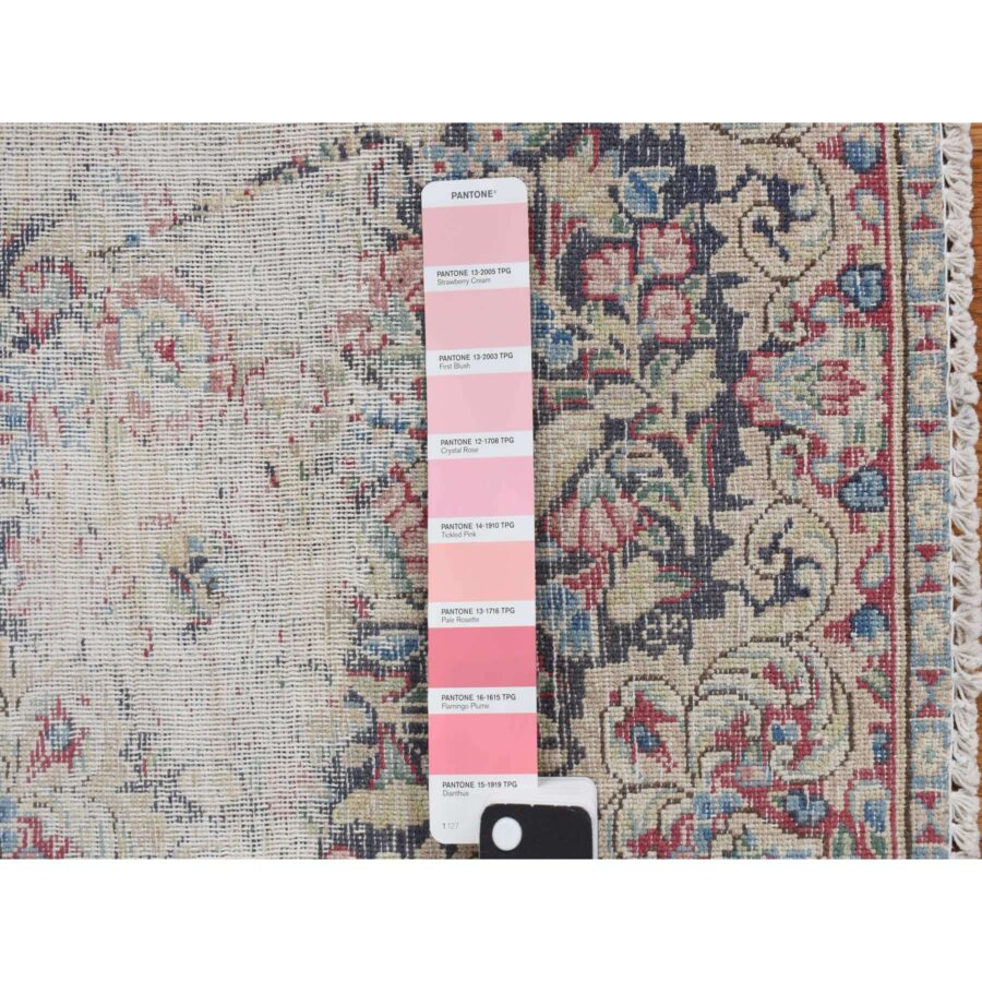 1'8"x1'8" Midnight Blue, Vintage and Worn Persian Kerman with Faded Bird Figurines, Floral Pattern, Distressed, Abrash, Hand Knotted, Pure Wool, Oriental, Square Rug Sh78125 - Image 4