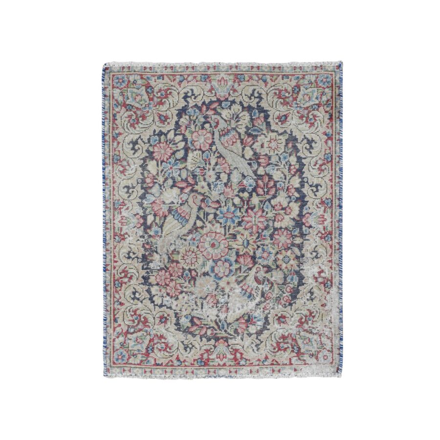 1'7"x2'2" Indigo Blue, Vintage Persian Kerman with Birds and Flowers Design, Worn Down, Distressed, Hand Knotted, Pure Wool, Mat, Oriental Rug Sh78126