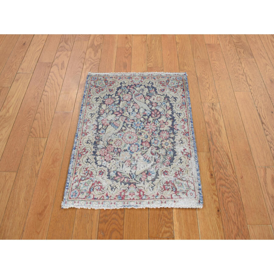 1'7"x2'2" Indigo Blue, Vintage Persian Kerman with Birds and Flowers Design, Worn Down, Distressed, Hand Knotted, Pure Wool, Mat, Oriental Rug Sh78126 - Image 2
