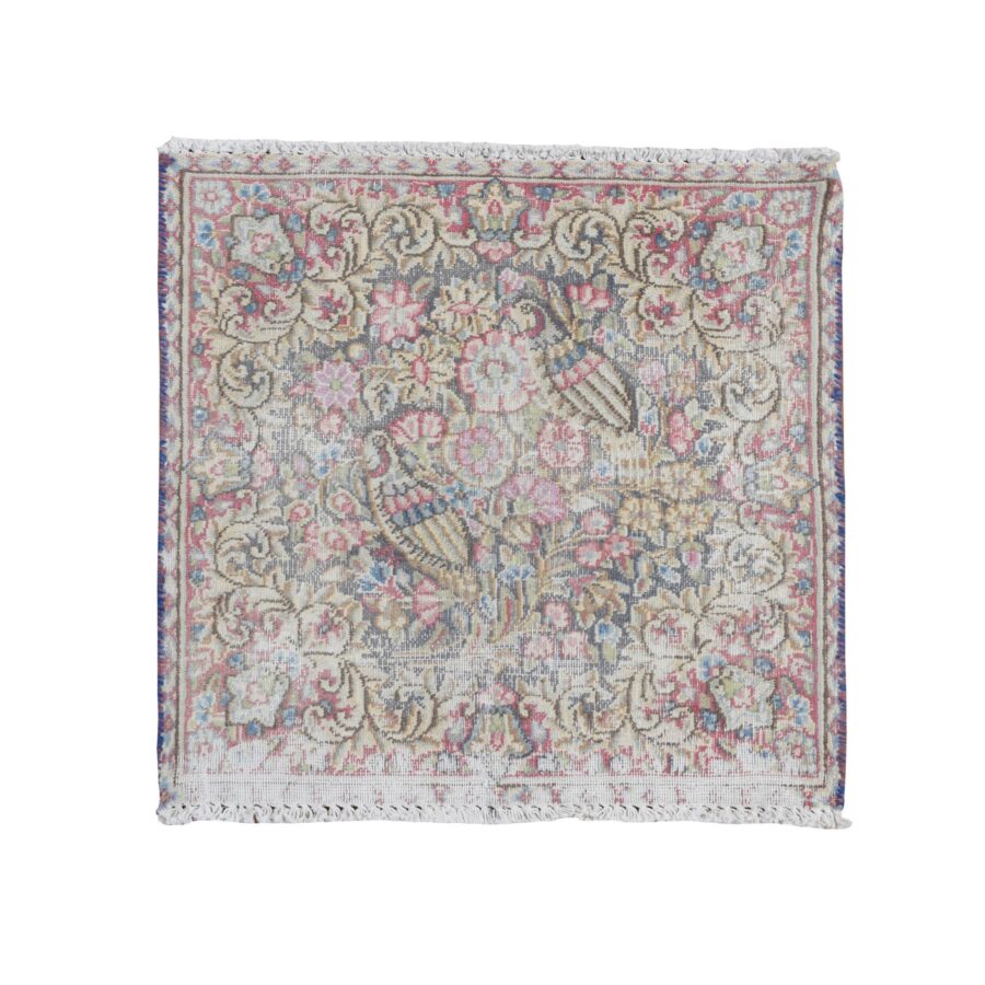 1'9"x1'9" Spruce Blue, Vintage Persian Kerman with Birds and Flower Design, Worn Down, Distressed, Hand Knotted, Pure Wool, Square, Oriental Rug Sh78127