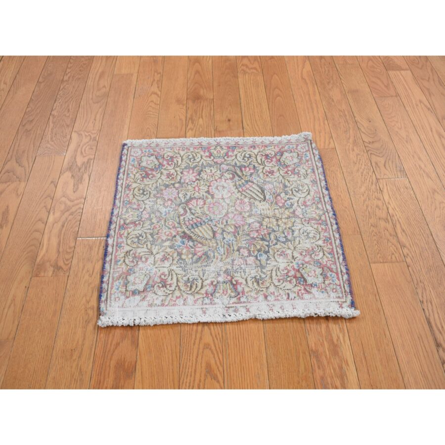 1'9"x1'9" Spruce Blue, Vintage Persian Kerman with Birds and Flower Design, Worn Down, Distressed, Hand Knotted, Pure Wool, Square, Oriental Rug Sh78127 - Image 2
