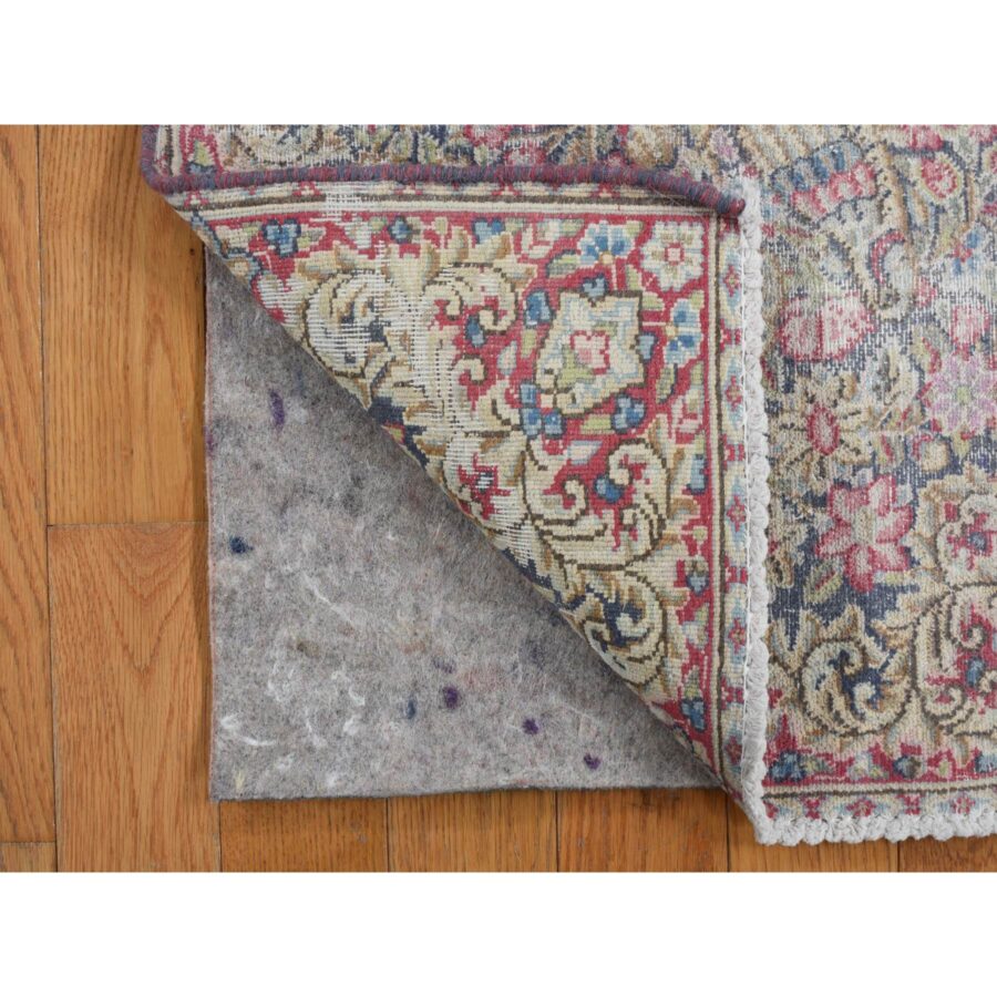 1'9"x1'9" Spruce Blue, Vintage Persian Kerman with Birds and Flower Design, Worn Down, Distressed, Hand Knotted, Pure Wool, Square, Oriental Rug Sh78127 - Image 3