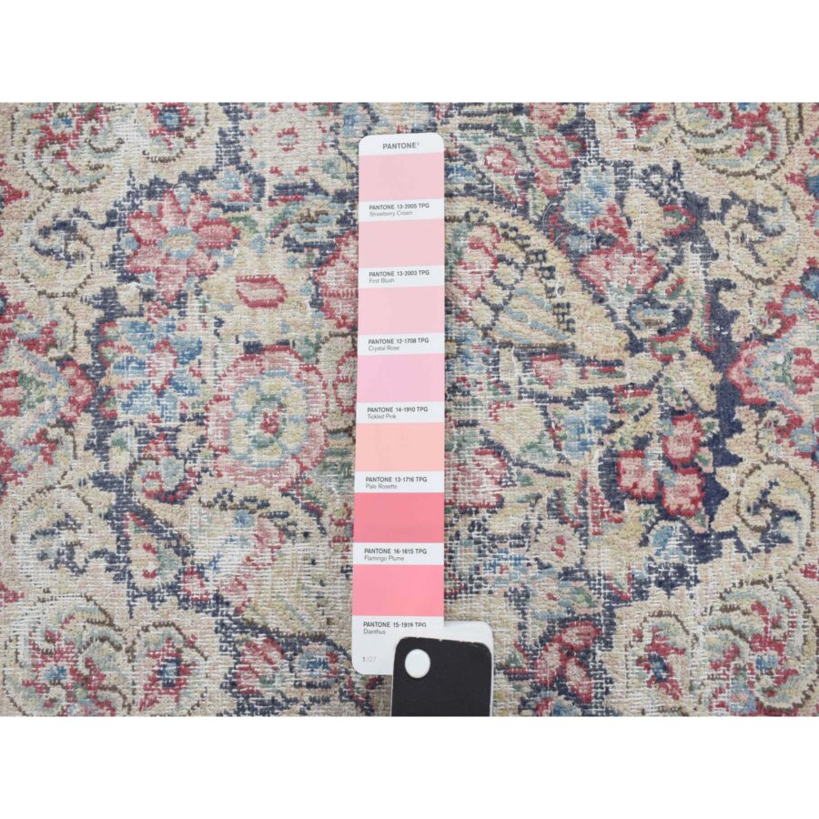 1'9"x1'9" Spruce Blue, Vintage Persian Kerman with Birds and Flower Design, Worn Down, Distressed, Hand Knotted, Pure Wool, Square, Oriental Rug Sh78127 - Image 4