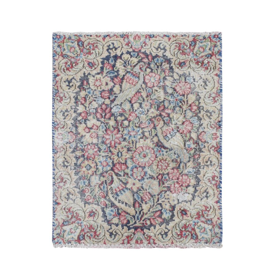 1'6"x2' Denim Blue, Pure Wool, Vintage and Worn Persian Kerman with Bird Figurines, Floral Pattern, Distressed, Hand Knotted, Mat, Oriental Rug Sh78128