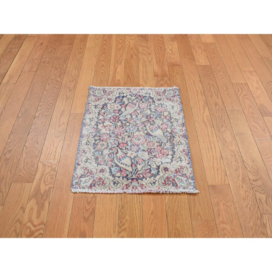 1'6"x2' Denim Blue, Pure Wool, Vintage and Worn Persian Kerman with Bird Figurines, Floral Pattern, Distressed, Hand Knotted, Mat, Oriental Rug Sh78128 - Image 2