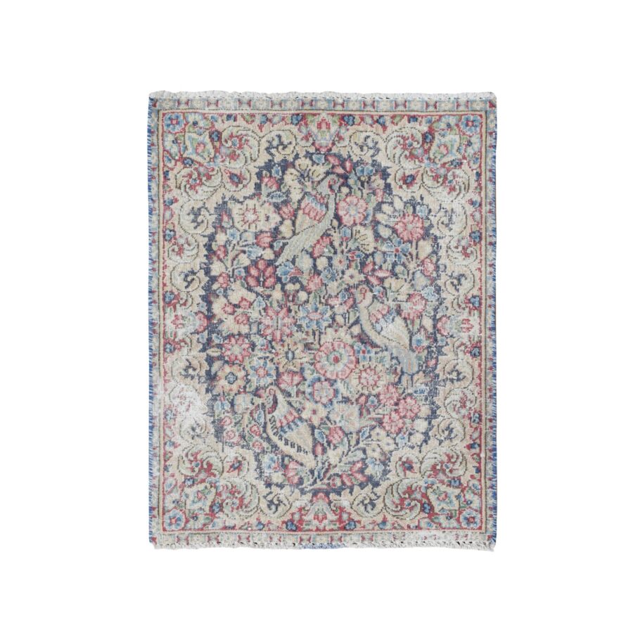 1'8"x2'2" Denim Blue, Hand Knotted, Vintage Persian Kerman with Birds and Flowers Design, Worn Down, Distressed, Pure Wool, Mat, Oriental Rug Sh78129