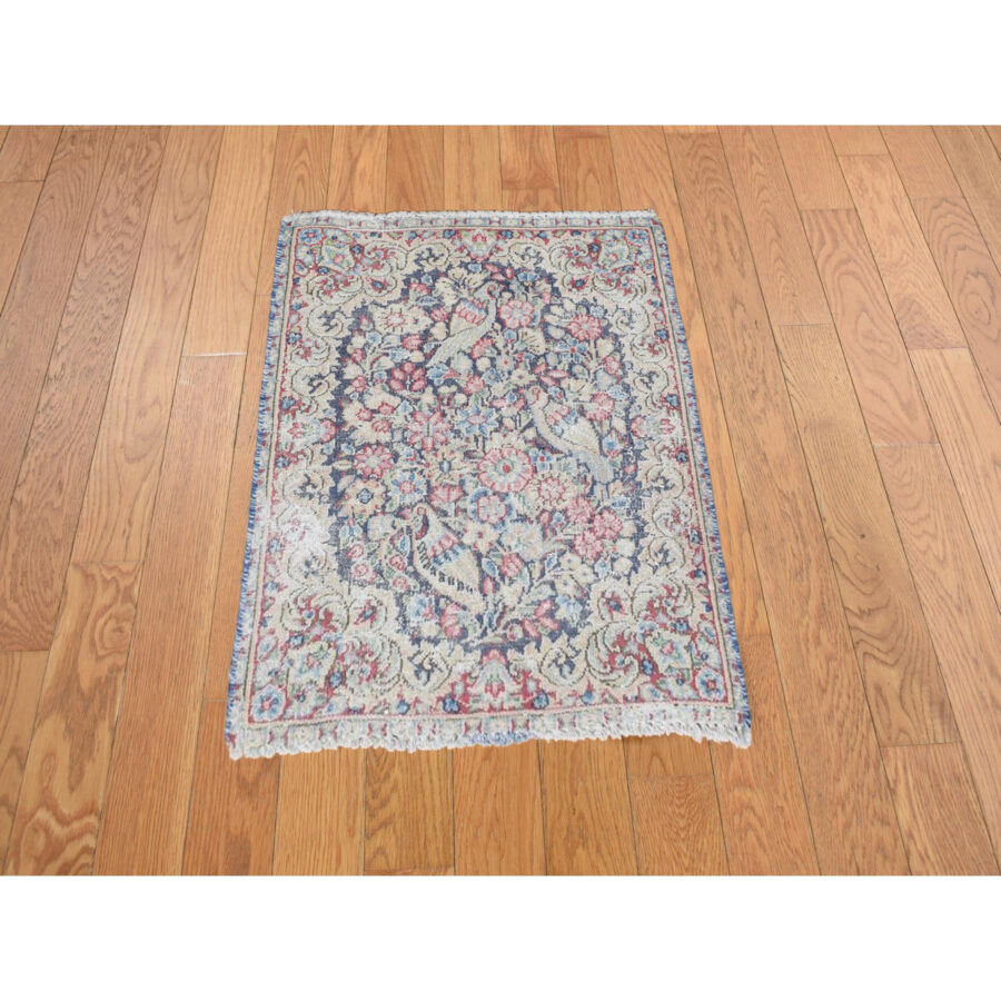 1'8"x2'2" Denim Blue, Hand Knotted, Vintage Persian Kerman with Birds and Flowers Design, Worn Down, Distressed, Pure Wool, Mat, Oriental Rug Sh78129 - Image 2