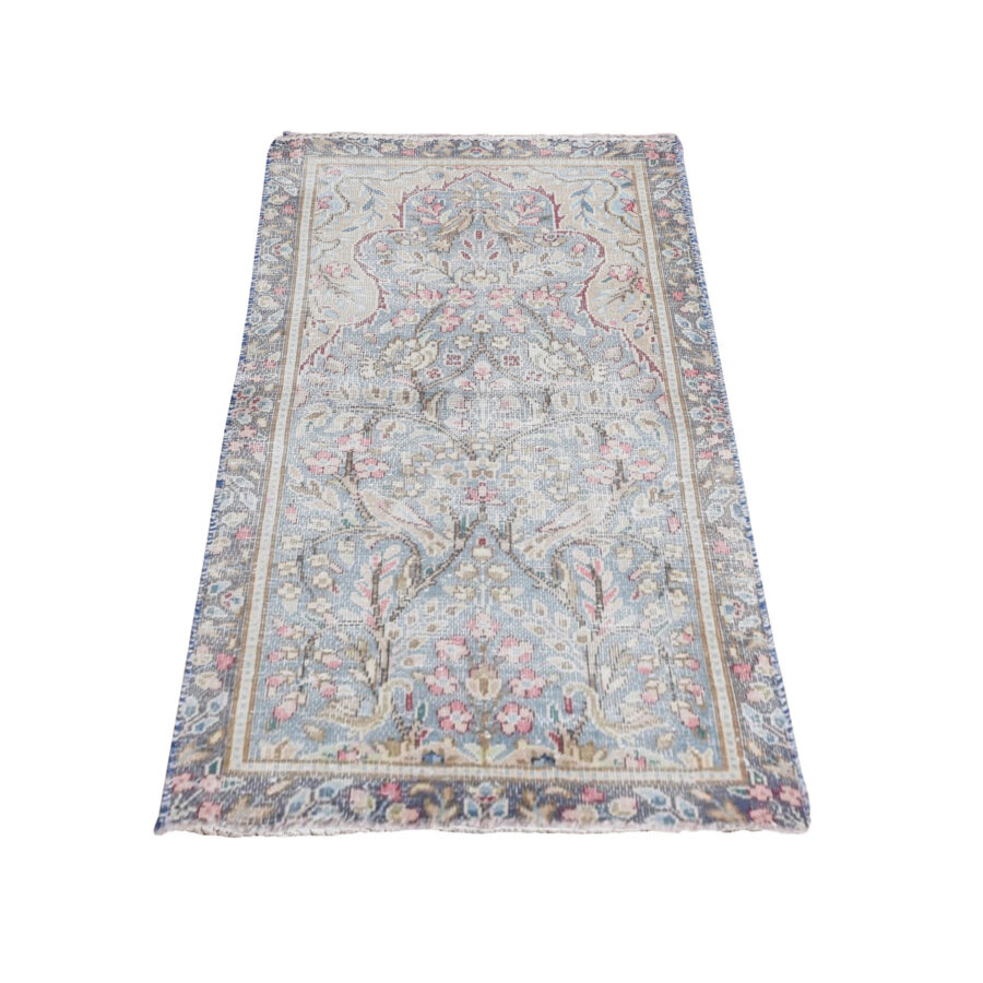 1'9"x3'7" Stone Blue, Vintage Persian Kerman with All Over Leaf and Birds Design, Worn Down, Distressed, Hand Knotted, Pure Wool, Mat, Oriental Rug Sh78133