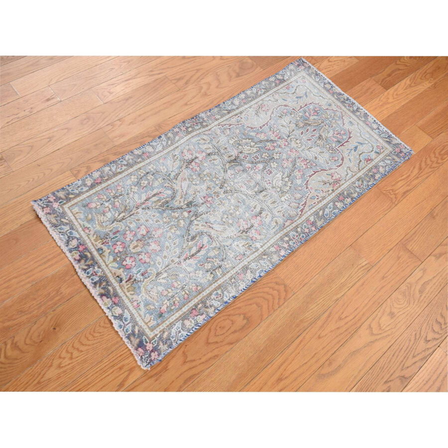 1'9"x3'7" Stone Blue, Vintage Persian Kerman with All Over Leaf and Birds Design, Worn Down, Distressed, Hand Knotted, Pure Wool, Mat, Oriental Rug Sh78133 - Image 2