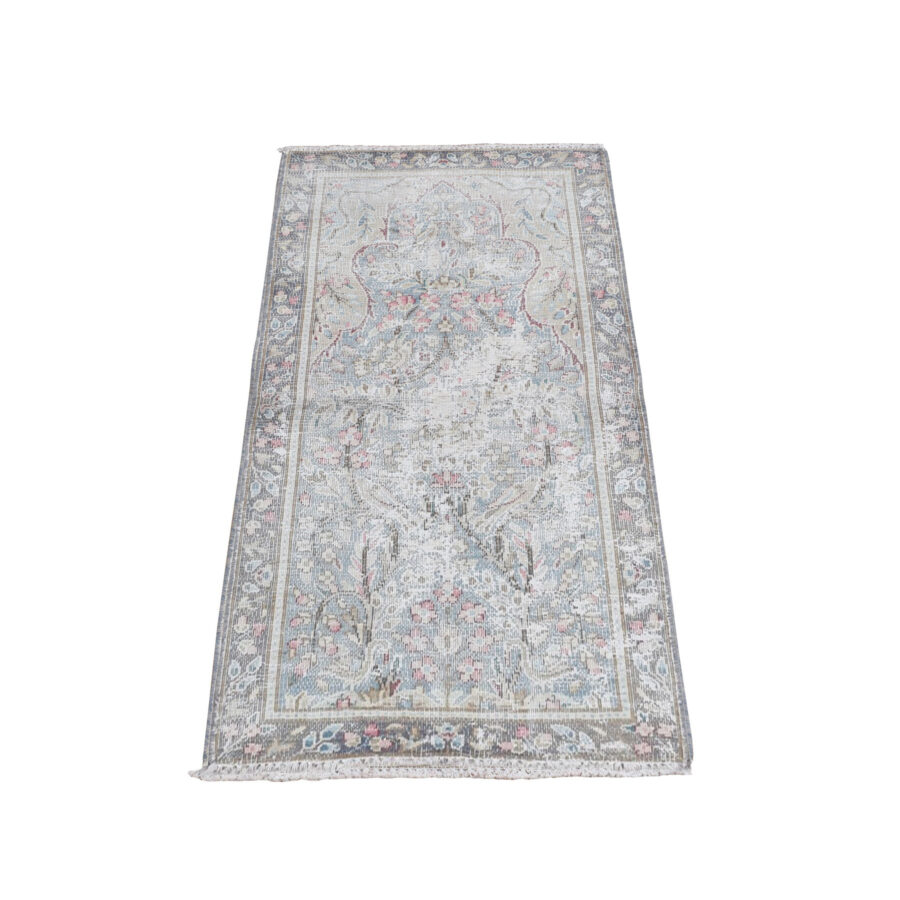 1'10"x3'7" Stone Blue, Worn Down, Vintage Persian Kerman with Bird Figurines and Floral Pattern, Hand Knotted, Pure Wool, Abrash, Distressed, Mat, Oriental Rug Sh78134