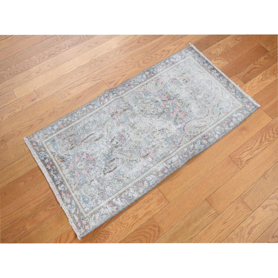 1'10"x3'7" Stone Blue, Worn Down, Vintage Persian Kerman with Bird Figurines and Floral Pattern, Hand Knotted, Pure Wool, Abrash, Distressed, Mat, Oriental Rug Sh78134 - Image 2