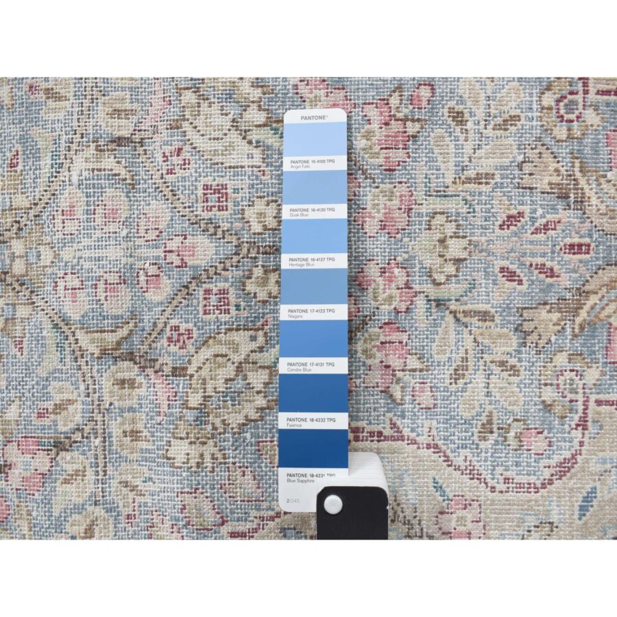 1'10"x3'7" Stone Blue, Worn Down, Vintage Persian Kerman with Bird Figurines and Floral Pattern, Hand Knotted, Pure Wool, Abrash, Distressed, Mat, Oriental Rug Sh78134 - Image 4