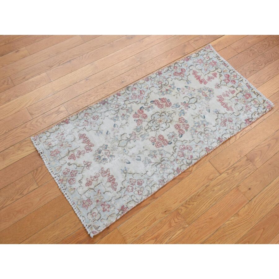 1'9"x3'10" Bone White, Vintage Persian Kerman with Floral Pattern, Worn and Distressed, Hand Knotted, Pure Wool, Oriental Rug Sh78137 - Image 2