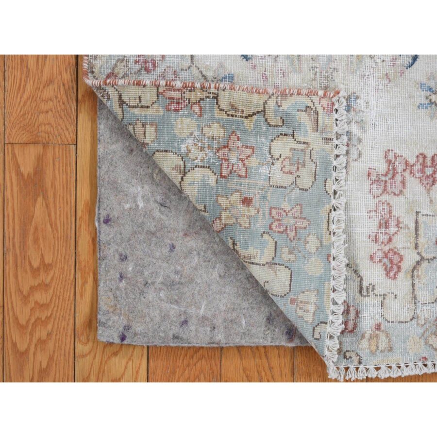 1'9"x3'10" Bone White, Vintage Persian Kerman with Floral Pattern, Worn and Distressed, Hand Knotted, Pure Wool, Oriental Rug Sh78137 - Image 3