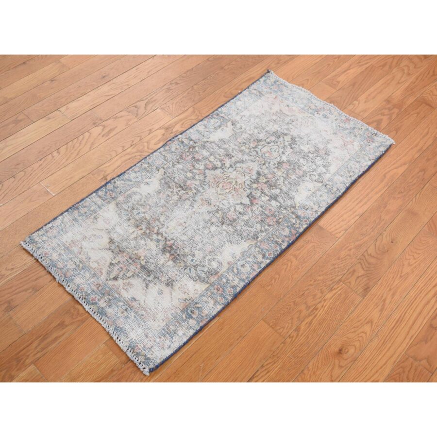 1'10"x3'9" Ivory, Vintage Persian Kerman, Faded Design, Hand Knotted, Soft Wool, Worn Down, Mat Oriental Rug Sh78139 - Image 2
