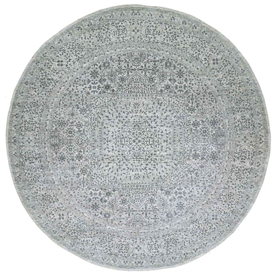 14'x14' Cotton Ball White, Mamluk Design, Tone on Tone, Undyed 100% Wool, Hand Knotted, Round Oriental Rug Sh79775