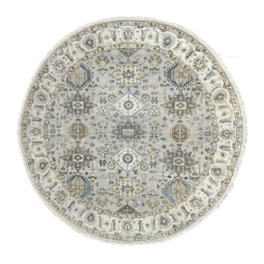 8'x8' Sea Gray, Hand Knotted Karajeh Design with Geometric Medallion, Vegetable Dyes, Soft and Vibrant Wool, Round Oriental Rug Sh84746