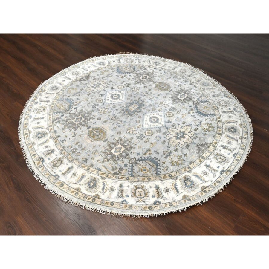 8'x8' Sea Gray, Hand Knotted Karajeh Design with Geometric Medallion, Vegetable Dyes, Soft and Vibrant Wool, Round Oriental Rug Sh84746 - Image 2