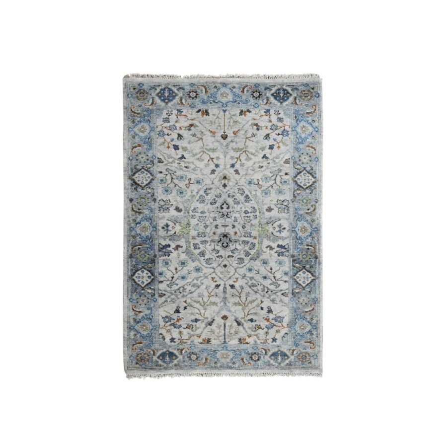 3'x5'1" Cloud Gray, Hand Knotted Oushak with Floral Motifs, Extra Soft Wool, Denser Weave, Vegetable Dyes, Oriental Rug Sh84747