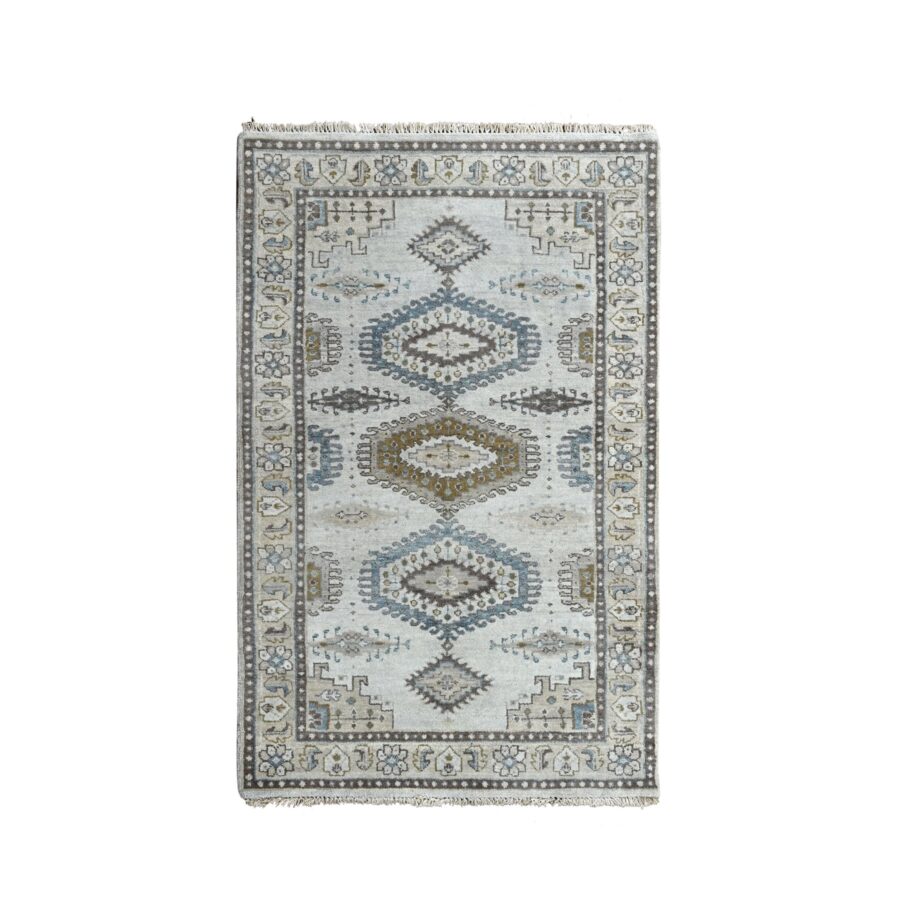 3'1"x5'2" Pale Smoke Gray, Persian Village Influence with Geometrical Medallions, Denser Weave, Pure Wool, Hand Knotted, Oriental Rug Sh84758