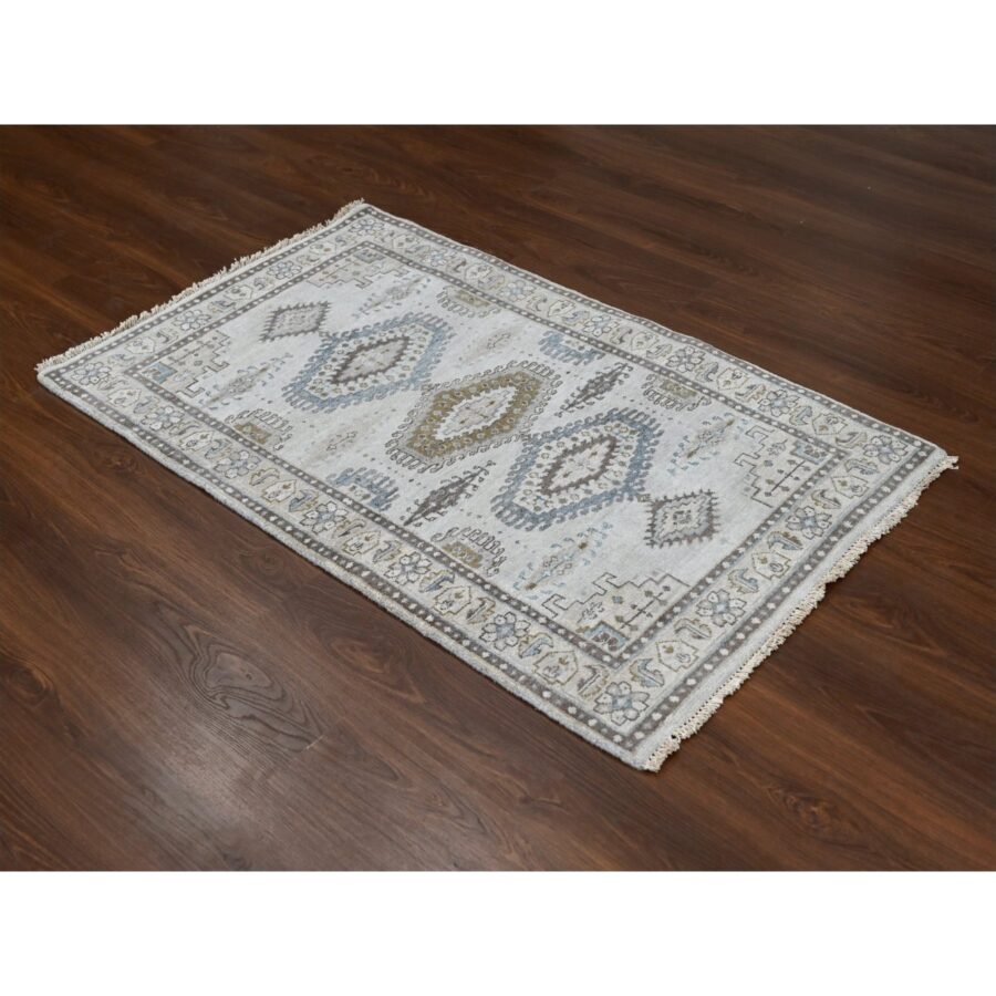 3'1"x5'2" Pale Smoke Gray, Persian Village Influence with Geometrical Medallions, Denser Weave, Pure Wool, Hand Knotted, Oriental Rug Sh84758 - Image 2