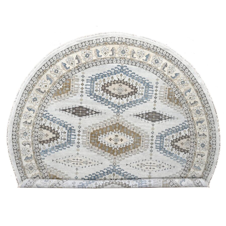 12'x12' Cloud Gray, Densely Woven, Hand Knotted Persian Village Influence with Geometrical Medallions, Vegetable Dyes Extra Soft Wool, Round Oriental Rug Sh84762