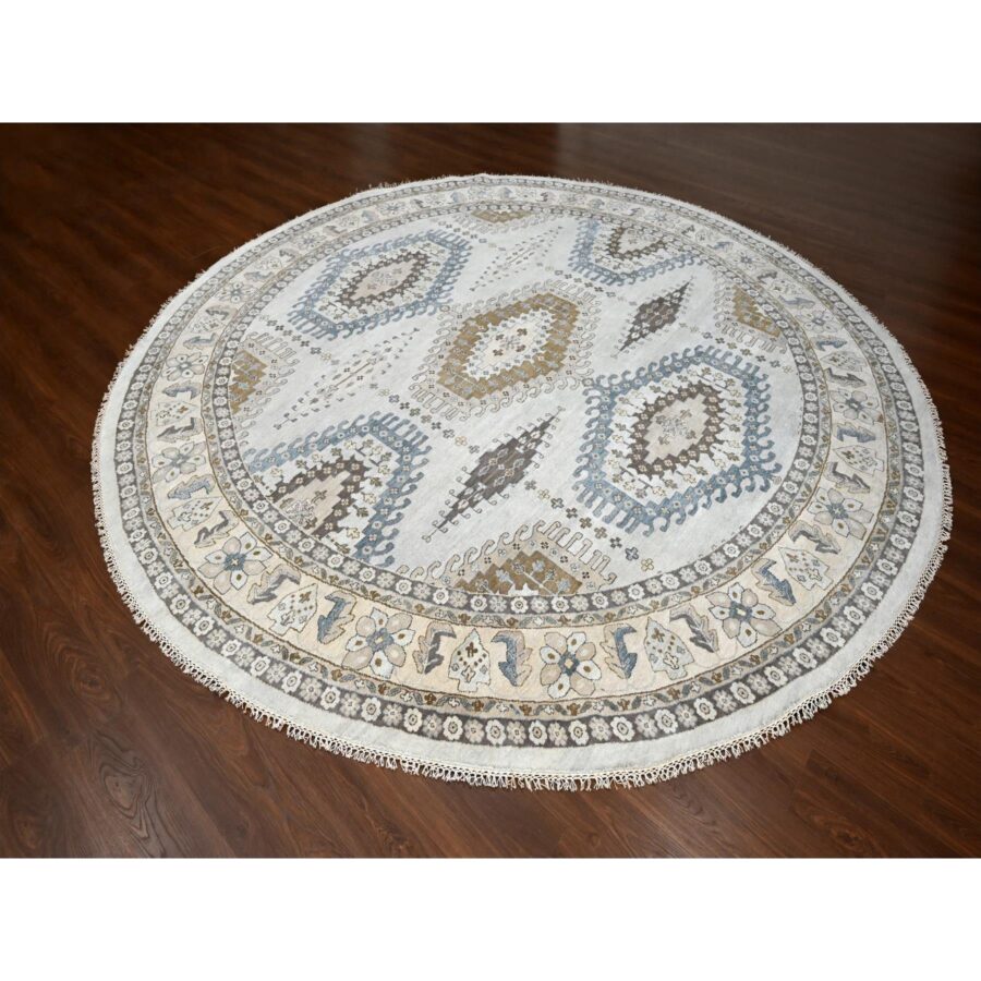 12'x12' Cloud Gray, Densely Woven, Hand Knotted Persian Village Influence with Geometrical Medallions, Vegetable Dyes Extra Soft Wool, Round Oriental Rug Sh84762 - Image 2