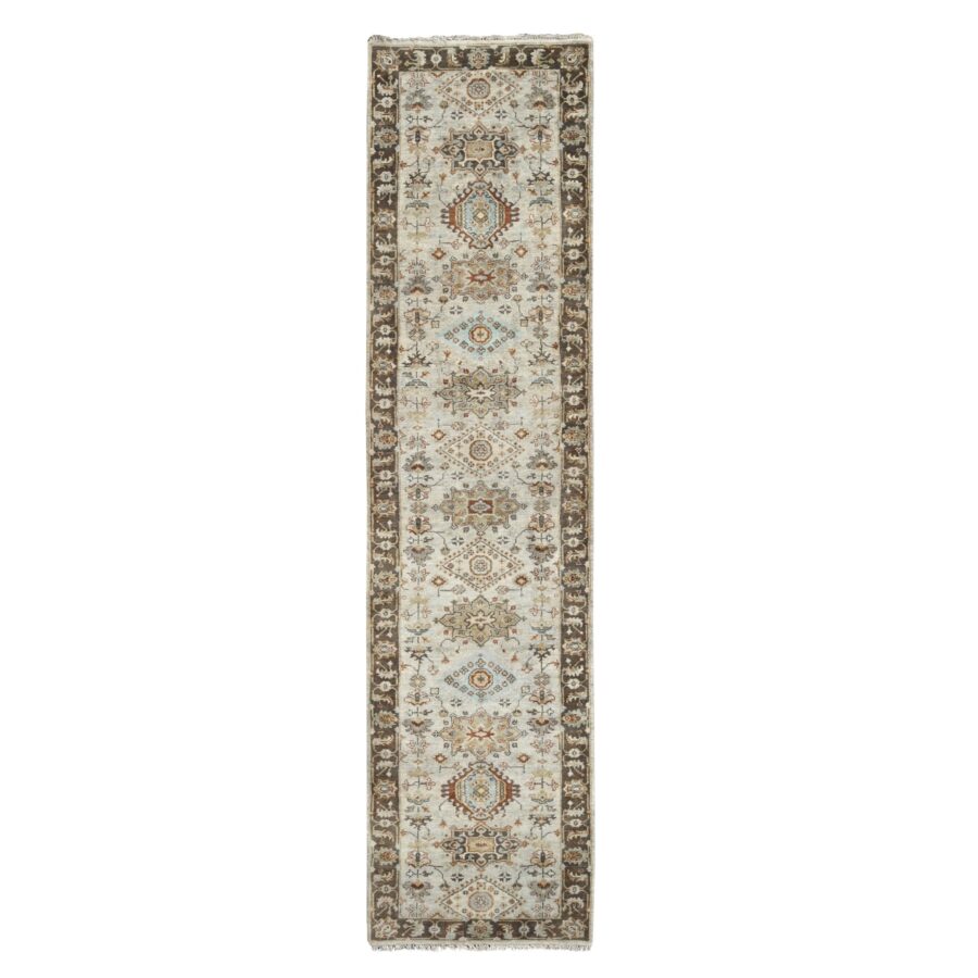 2'8"x12' Timberwolf Gray with Taupe Brown, Hand Knotted Karajeh and Geometric Medallion Design, Natural Dyes, Pure Wool, Runner Oriental Rug Sh84785