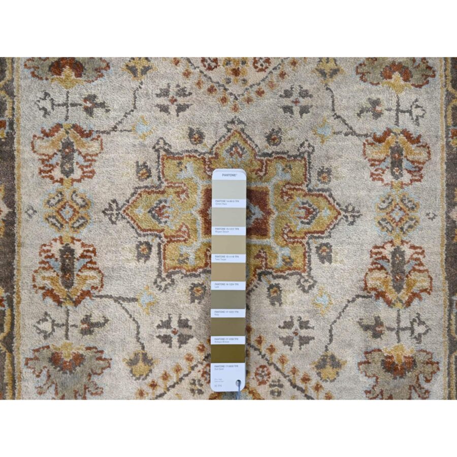 2'8"x12' Timberwolf Gray with Taupe Brown, Hand Knotted Karajeh and Geometric Medallion Design, Natural Dyes, Pure Wool, Runner Oriental Rug Sh84785 - Image 4